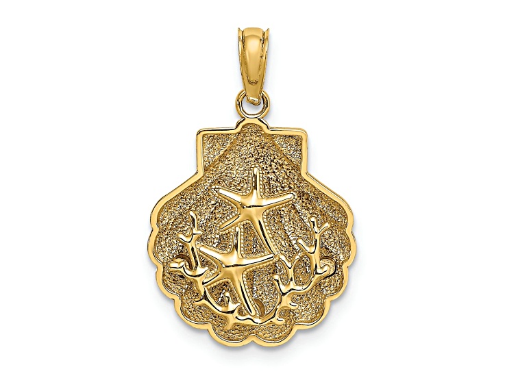 14k Yellow Gold 3D Textured Reversible Starfish and Coral in Shell Charm