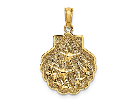 14k Yellow Gold 3D Textured Reversible Starfish and Coral in Shell Charm
