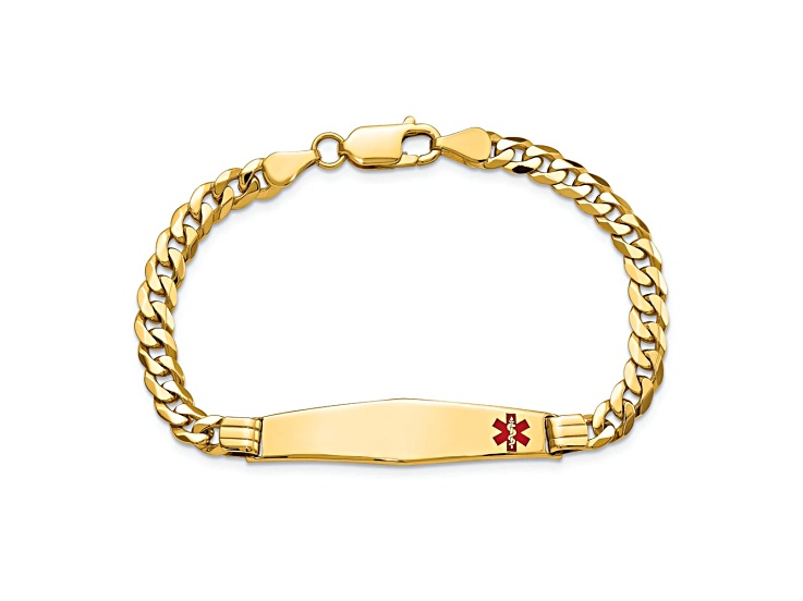 10k Yellow Gold Medical Soft Diamond Shape Red Enamel Curb Link ID Bracelet