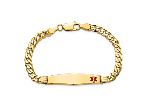 10k Yellow Gold Medical Soft Diamond Shape Red Enamel Curb Link ID Bracelet