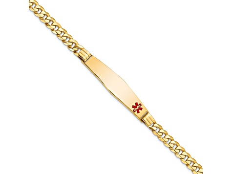 10k Yellow Gold Medical Soft Diamond Shape Red Enamel Curb Link ID Bracelet
