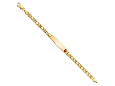 10k Yellow Gold Medical Soft Diamond Shape Red Enamel Curb Link ID Bracelet