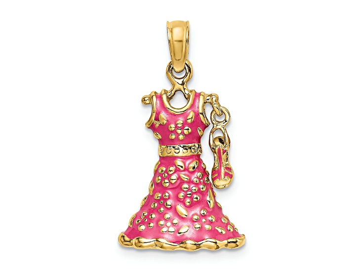 14k Yellow Gold 3D Textured Moveable Pink Enameled Floral Dress With Shoe Charm