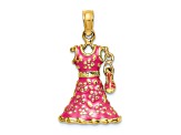14k Yellow Gold 3D Textured Moveable Pink Enameled Floral Dress With Shoe Charm