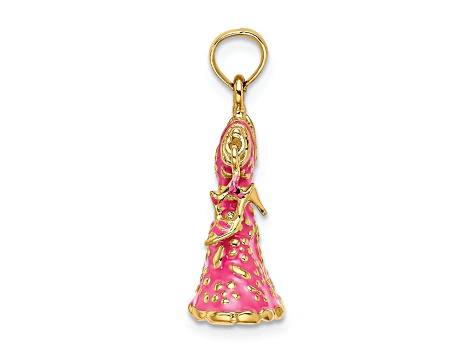 14k Yellow Gold 3D Textured Moveable Pink Enameled Floral Dress With Shoe Charm