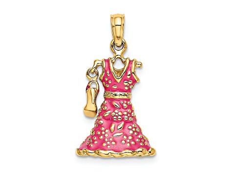 14k Yellow Gold 3D Textured Moveable Pink Enameled Floral Dress With Shoe Charm