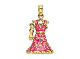 14k Yellow Gold 3D Textured Moveable Pink Enameled Floral Dress With Shoe Charm