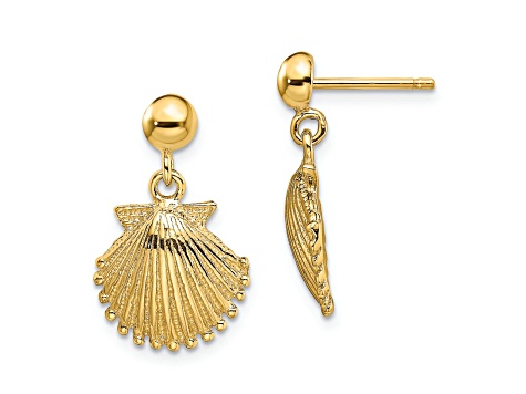 14k Yellow Gold Textured Scallop Shell Dangle Earrings