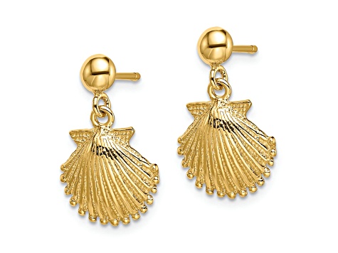 14k Yellow Gold Textured Scallop Shell Dangle Earrings