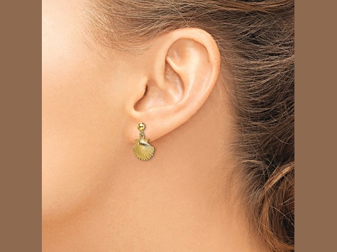 14k Yellow Gold Textured Scallop Shell Dangle Earrings