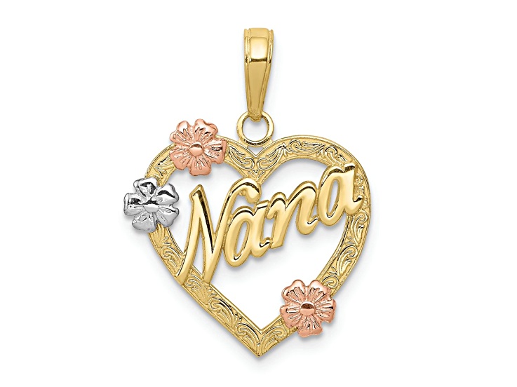 10K Yellow Gold, 10K White Gold and 10K Rose Gold Textured Nana in Heart with Flowers Pendant