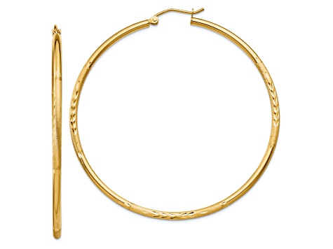 14k Yellow Gold 2 3/16" Satin and Diamond-Cut Round Tube Hoop Earrings