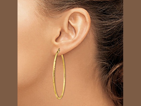 14k Yellow Gold 2 3/16" Satin and Diamond-Cut Round Tube Hoop Earrings