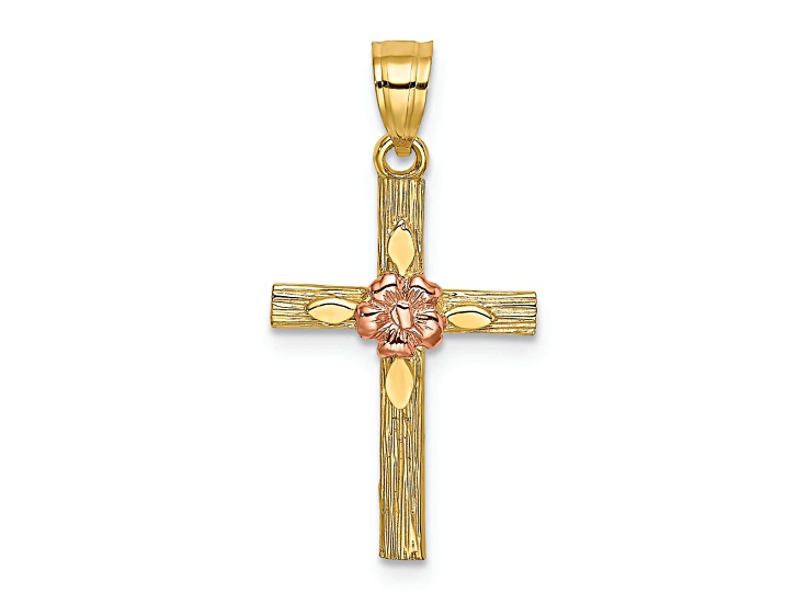 14K Two-tone Gold  Textured Cross with Flower Charm