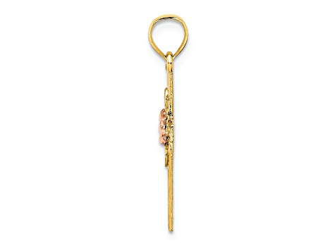 14K Two-tone Gold  Textured Cross with Flower Charm