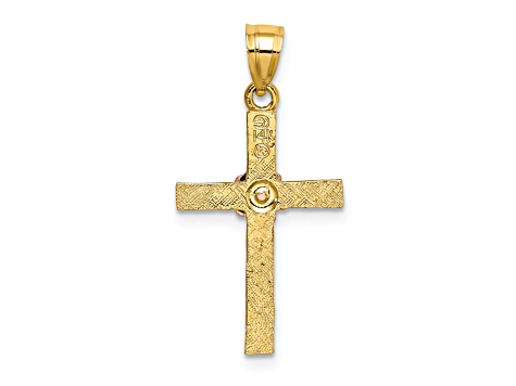 14K Two-tone Gold  Textured Cross with Flower Charm