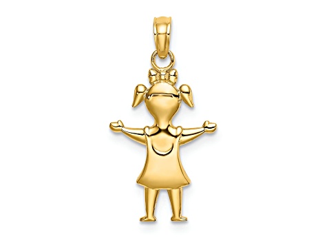 14k Yellow Gold Solid Polished Girl with Pig-Tails Pendant