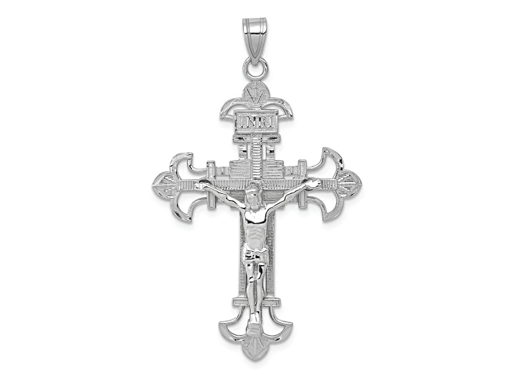 Rhodium Over 14k White Gold Textured INRI Crucifix Pendant