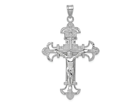 Rhodium Over 14k White Gold Textured INRI Crucifix Pendant