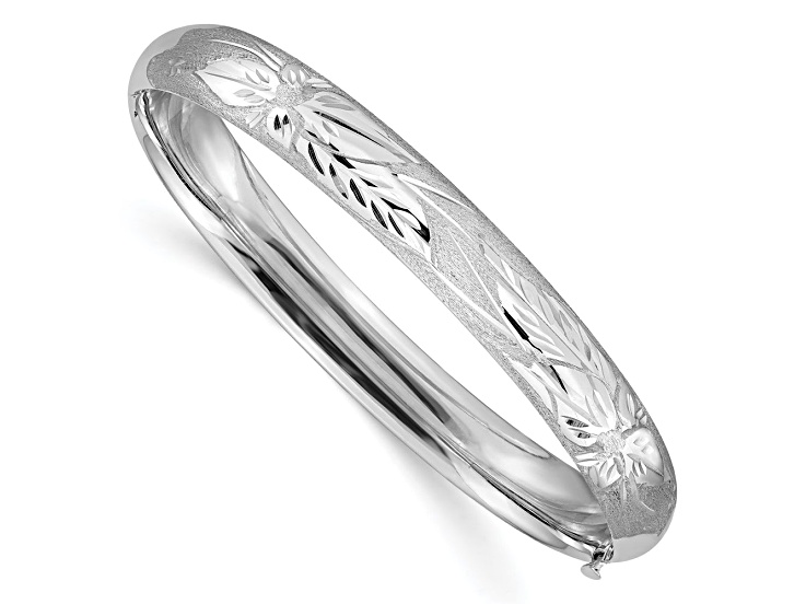Rhodium Over 14k White Gold 8mm Brushed and Diamond-Cut Florentine Hinged Bangle
