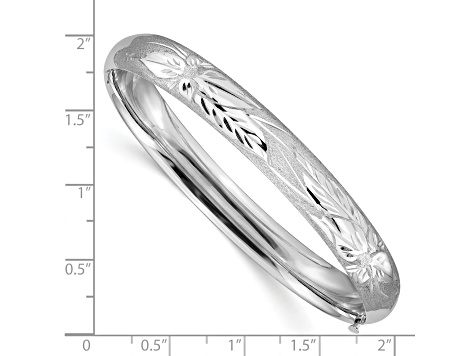 Rhodium Over 14k White Gold 8mm Brushed and Diamond-Cut Florentine Hinged Bangle