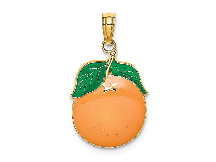 14k Yellow Gold Enameled Orange with Stem and Leaf Charm