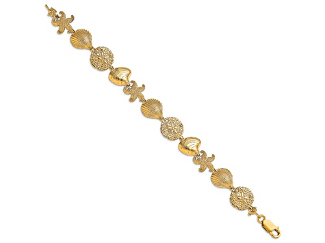 14k Yellow Gold Textured Starfish, Shell and Clam Link Bracelet