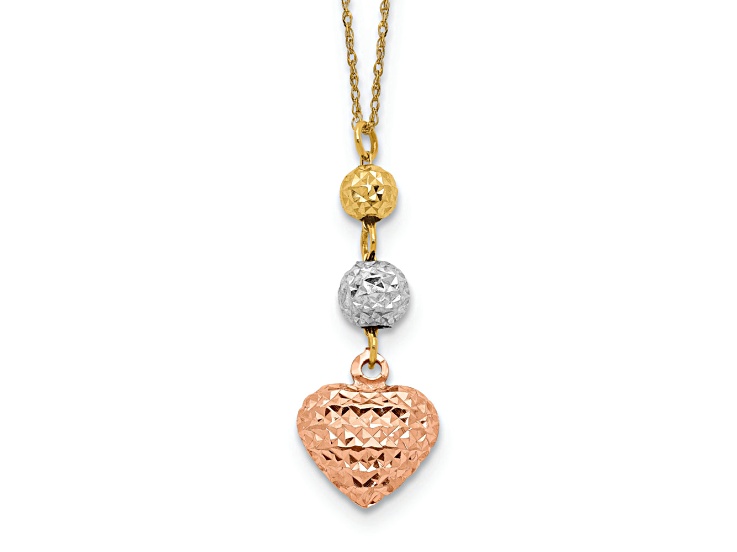 14K Tri-color Ropa Diamond Cut Beads and Heart with 2-inch Extension Necklace