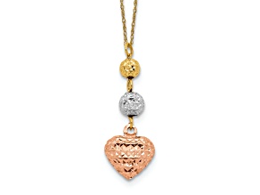14K Tri-color Ropa Diamond Cut Beads and Heart with 2-inch Extension Necklace