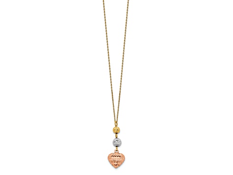 14K Tri-color Ropa Diamond Cut Beads and Heart with 2-inch Extension Necklace