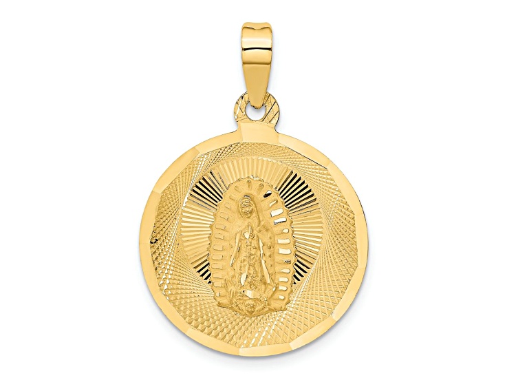 14k Yellow Gold Polished Diamond-Cut and Satin Lady Of Guadalupe Circle Pendant
