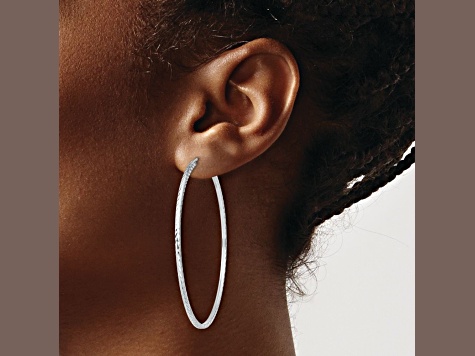 Rhodium Over 14k White Gold 2 3/16" Diamond-Cut Square Tube Hoop Earrings
