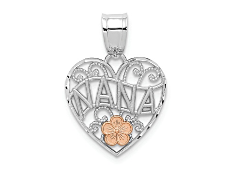 14k Two-tone Gold Textured Flower Nana Heart Pendant
