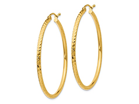 14k Yellow Gold 1 9/16 inch Diamond-Cut Round Tube Hoop Earrings