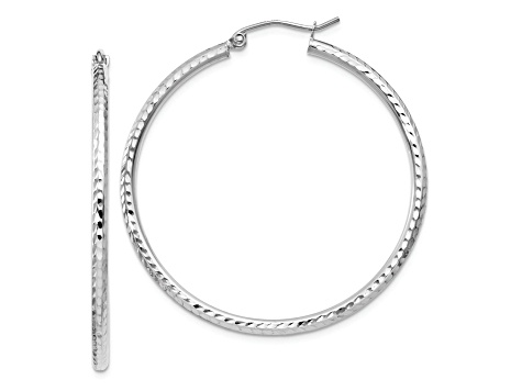 Rhodium Over 14k White Gold 1 9/16 inch Diamond-Cut Round Tube Hoop Earrings