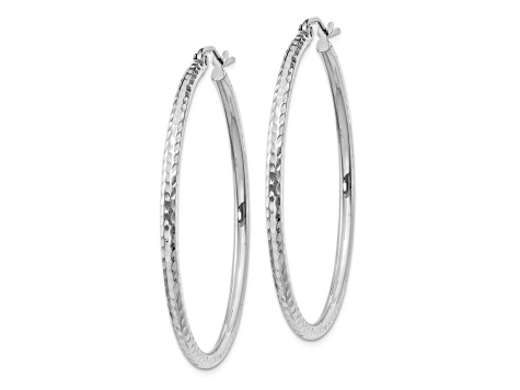 Rhodium Over 14k White Gold 1 9/16 inch Diamond-Cut Round Tube Hoop Earrings