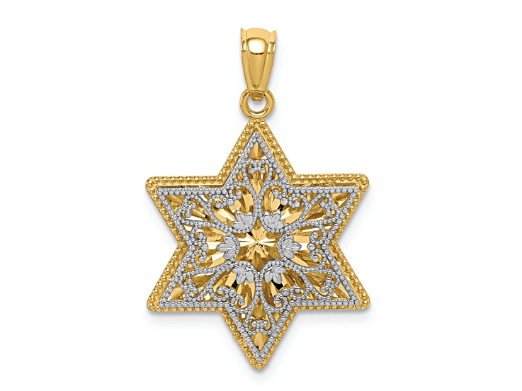 14k Two-tone Gold Polished Reversible Filigree Star Of David Pendant
