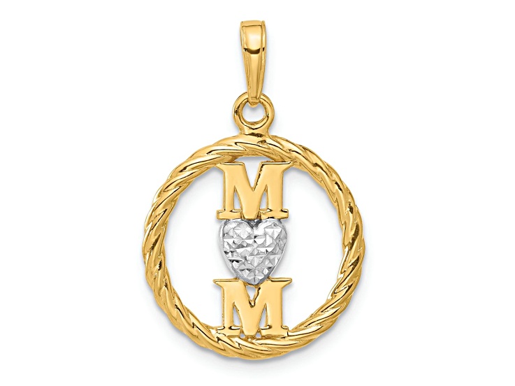 14k Two-tone Gold Diamond-cut Heart Mom Pendant