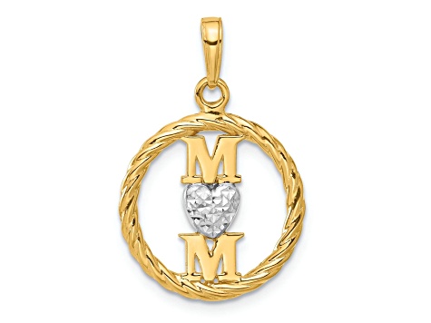 14k Two-tone Gold Diamond-cut Heart Mom Pendant
