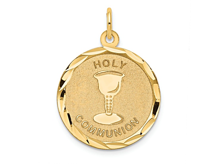 14k Yellow Gold Diamond-Cut and Satin Holy Communion Disc Pendant