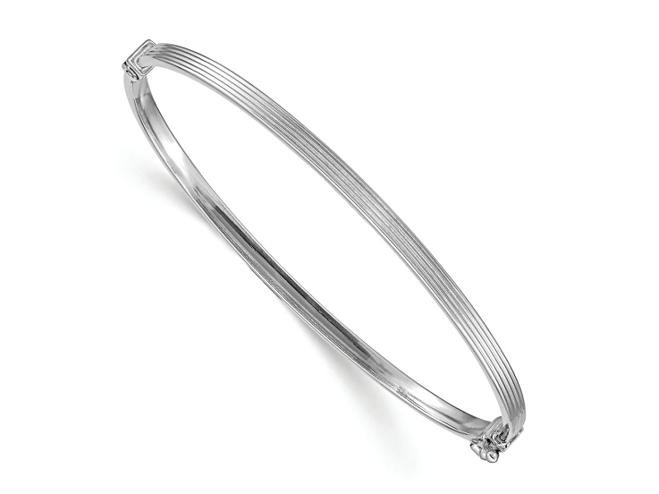 Rhodium Over 14k White Gold 3mm Polished Textured Hinged Bangle