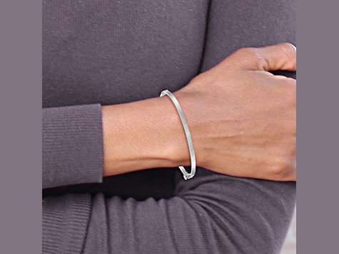 Rhodium Over 14k White Gold 3mm Polished Textured Hinged Bangle