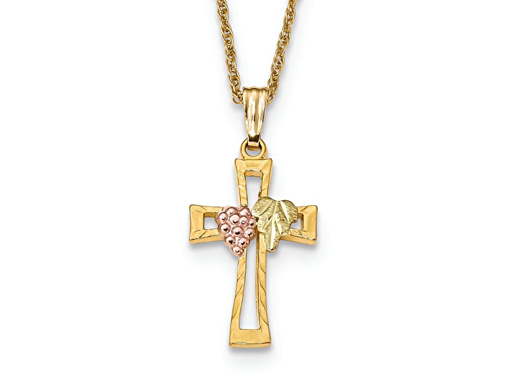 10k Yellow Gold With 12k Rose Gold and 12k Green Gold Accent Crucifix Pendant With 18 Inch Chain