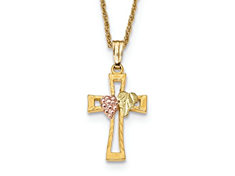 10k Yellow Gold With 12k Rose Gold and 12k Green Gold Accent Crucifix Pendant With 18 Inch Chain