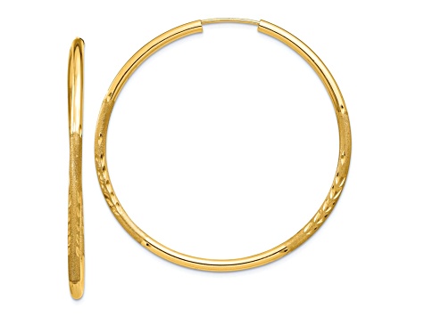 14k Yellow Gold 1 9/16" Satin Diamond-Cut Endless Hoop Earrings