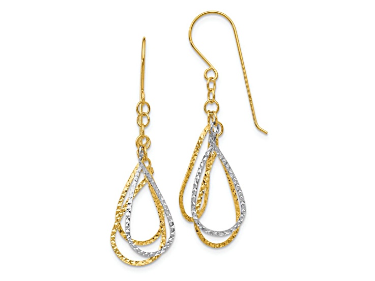 14k Two-tone Diamond-Cut Tear Drop Dangle Earrings