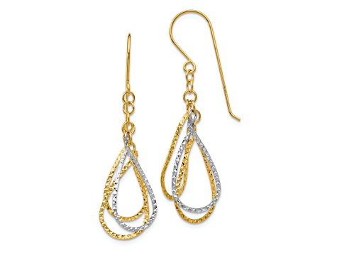 14k Two-tone Diamond-Cut Tear Drop Dangle Earrings