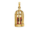 14k Yellow Gold 3D Enamel Bird Cage and Doors with 2 Birds Pendant