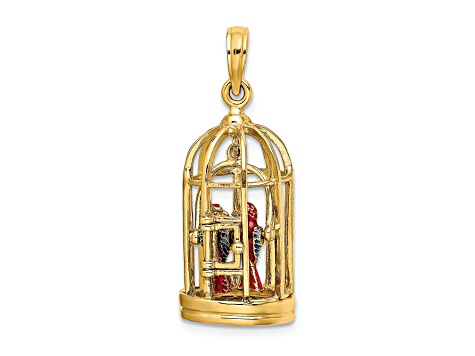 14k Yellow Gold 3D Enamel Bird Cage and Doors with 2 Birds Pendant