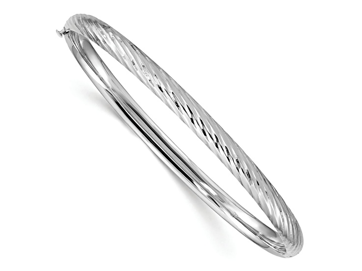 Rhodium Over 14k White Gold 4.75mm Diamond-Cut Textured Hinged Bangle